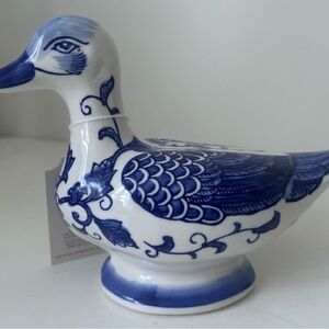 Blue and White Ceramic Duck Figurine - Decorative Home Art French Shabby Chic
